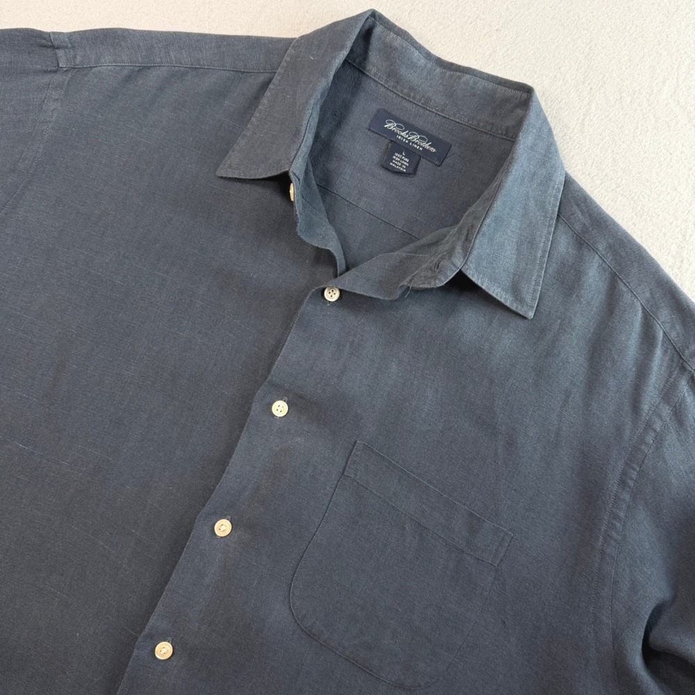 Vintage Brooks Brothers Grey Irish Linen Button Down Men's Large Short Sleeve